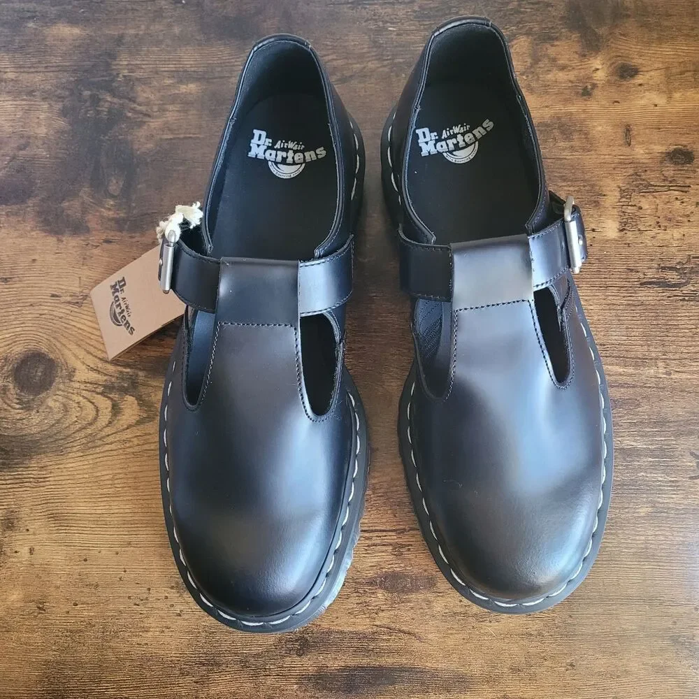 Dr Martens Womens Black Polley Air Wair Mary Jane Shoes Size 11 Grain T Bar New